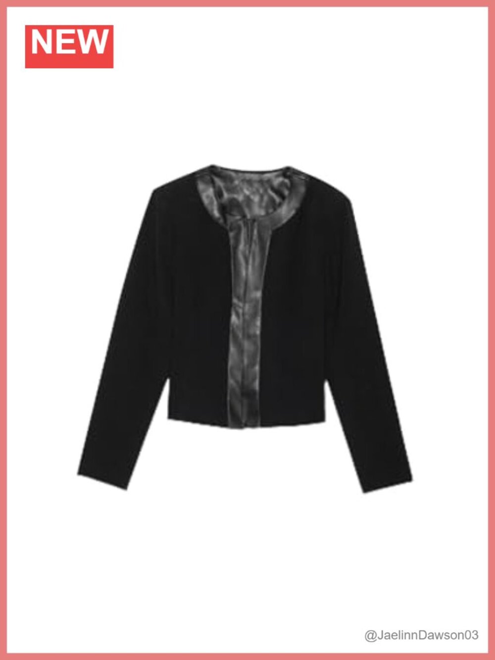 Women's Collarless Blazer Jacket Faux Leather Trim Long Sleeve Cropped